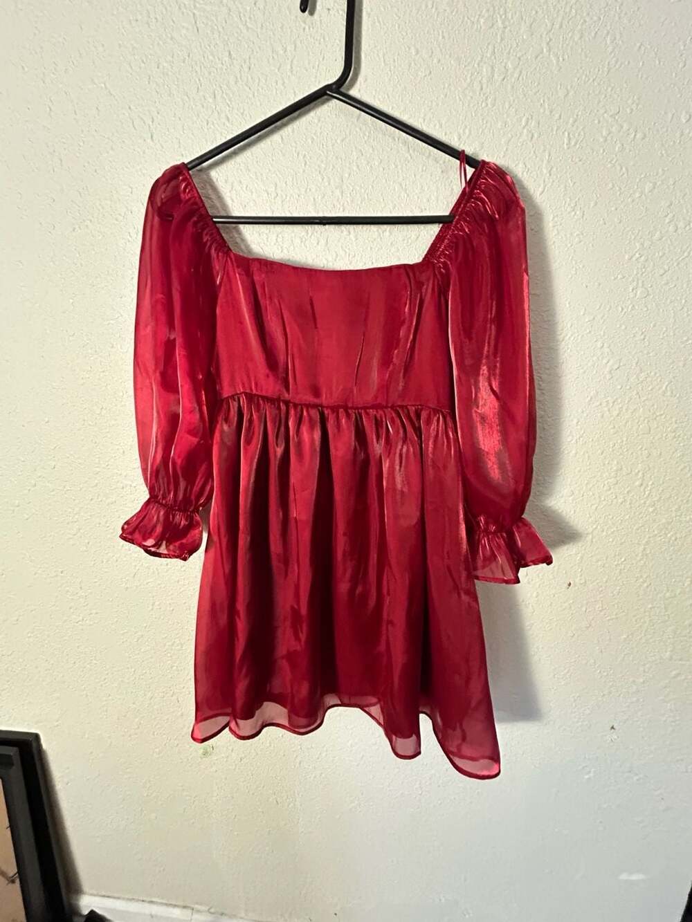 Red Sheer Long Sleeve Square Neck Dress